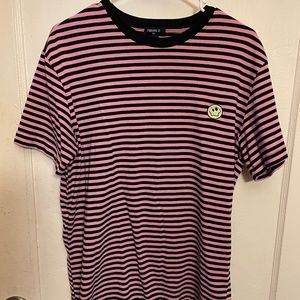 Embroidered Wonky Smiley Face Striped T-Shirt